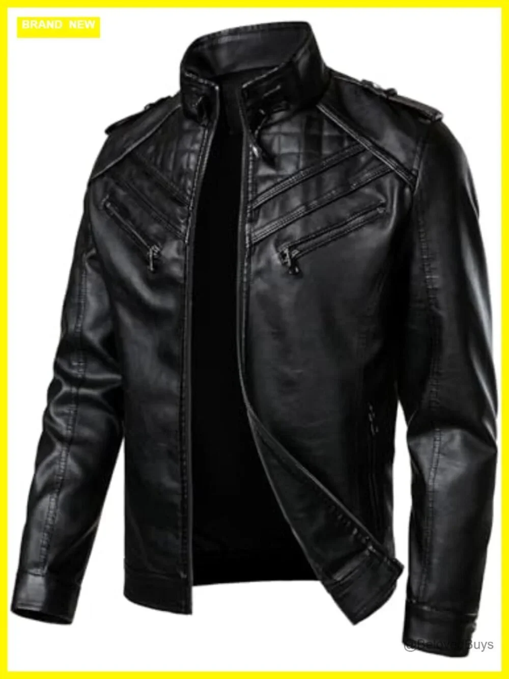 Men's Faux Leather Motorcycle Jacket with Diamond Pattern and Zipper Pockets